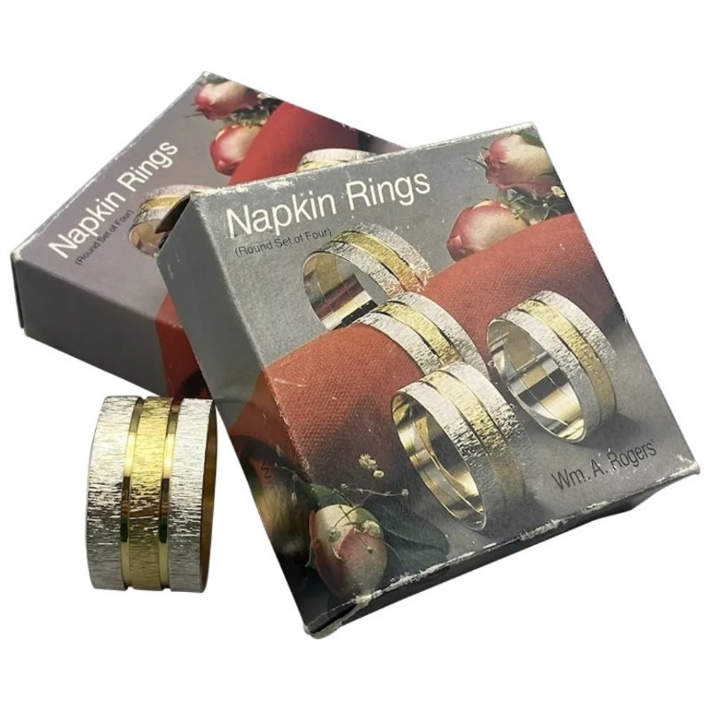 Vintage Two Tone Silver Plated Napkin Rings Brass Set of 8‎ Wm A Rogers NOS